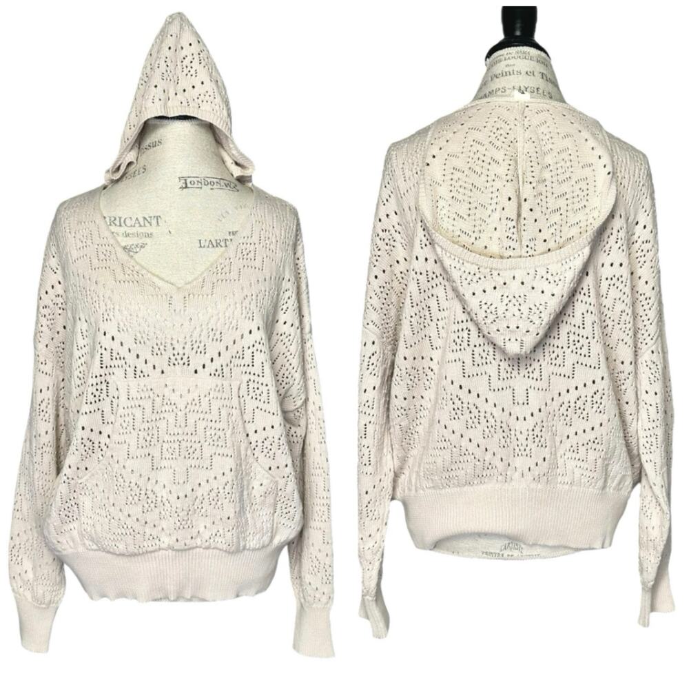 JS71 | Women | Pointelle Cotton Knit V-Neck Relaxed Hooded Sweater Top | Medium